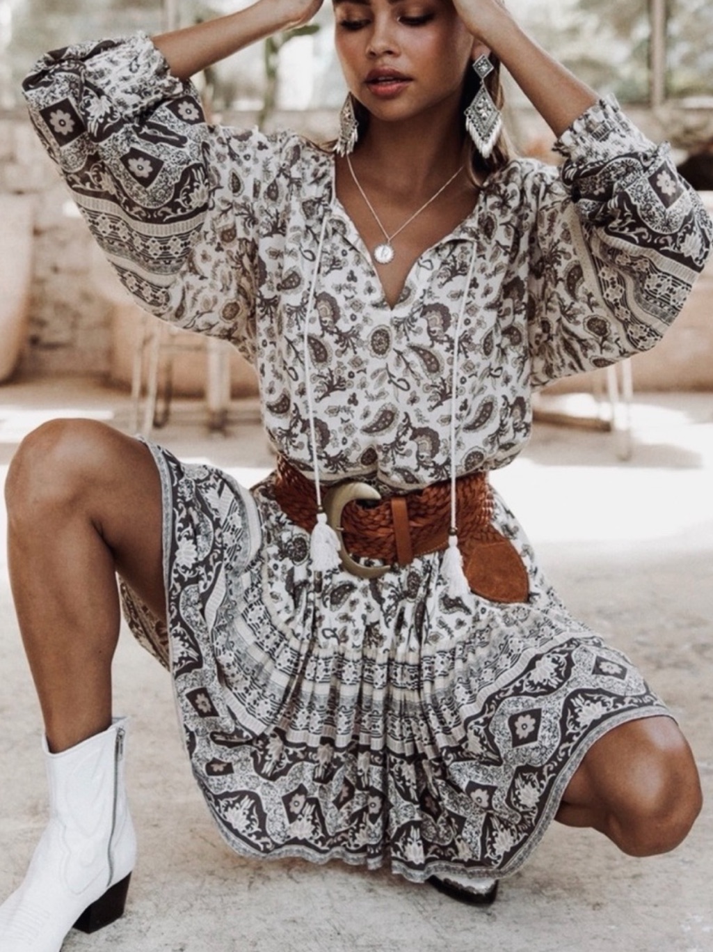 Set!! Spell And The Gypsy Journey Floral Long Sleeve Flowy Blouse Skirt Taupe Xs